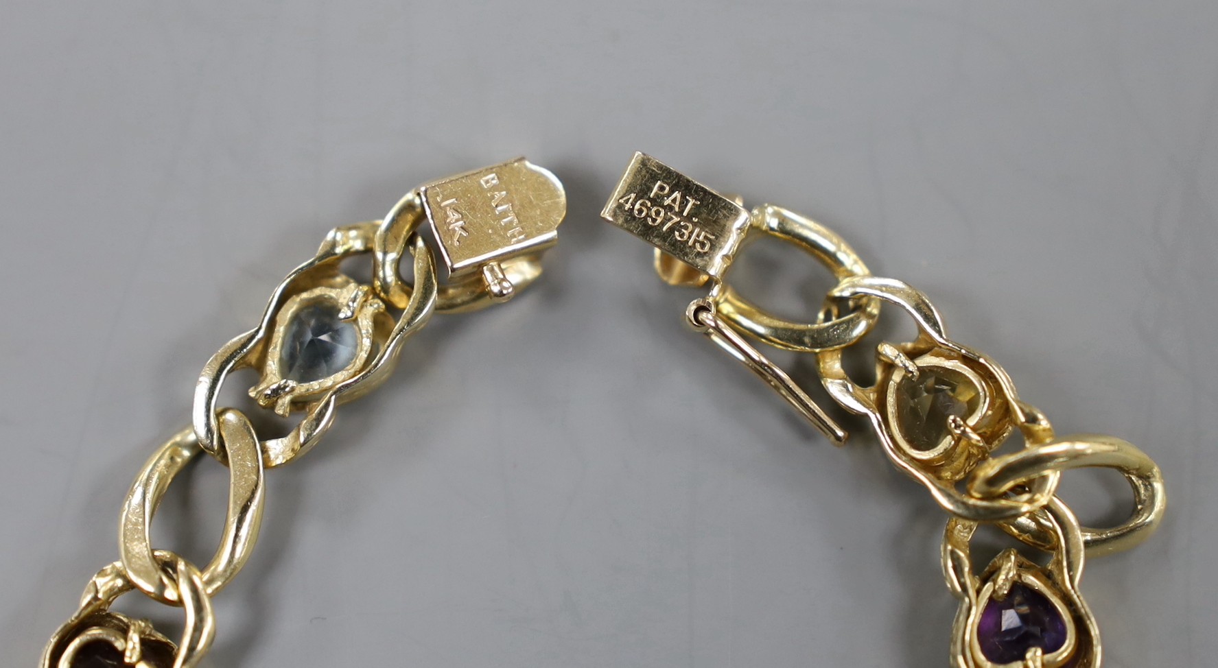 A modern Baith 14k and multi heart shaped gem set bracelet, 19cm